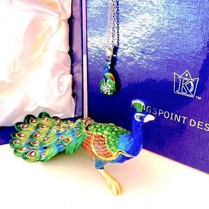 Enamel hinged trinket box peacock crystal necklace surprise Kingspoint Design